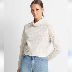Club Monaco Blue Tan Houndstooth Cropped Turtleneck Long Sleeve Sweater XL